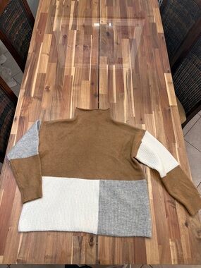 Sz M Colorblock Mock Neck Pullover Ribbed Sweater Brown Cream & Gray Warm